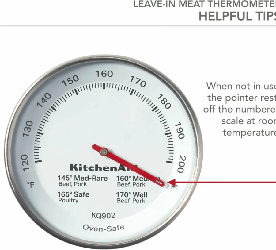 KitchenAid KQ902 Stainless Steel Analog Meat Thermometer for Oven & Grill, Leave-In Cooking Thermometer with 120°F to 200°F Temperature Range
