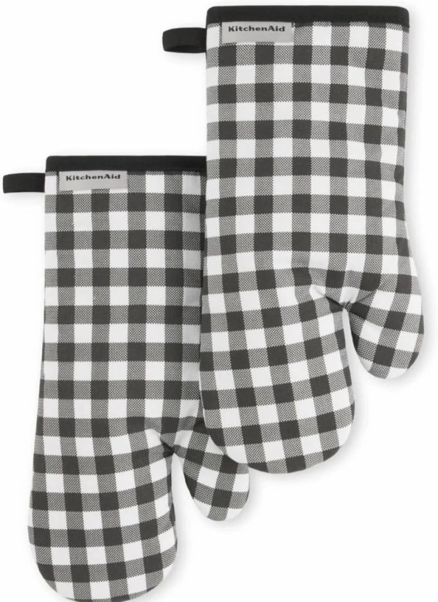 KitchenAid Heat-Resistant Oven Mitts Set of 2, Black Checkered Design, 7x13 Inch Kitchen Gloves for Baking & Cooking