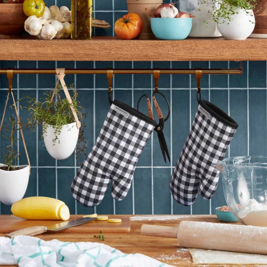 KitchenAid Heat-Resistant Oven Mitts Set of 2, Black Checkered Design, 7x13 Inch Kitchen Gloves for Baking & Cooking
