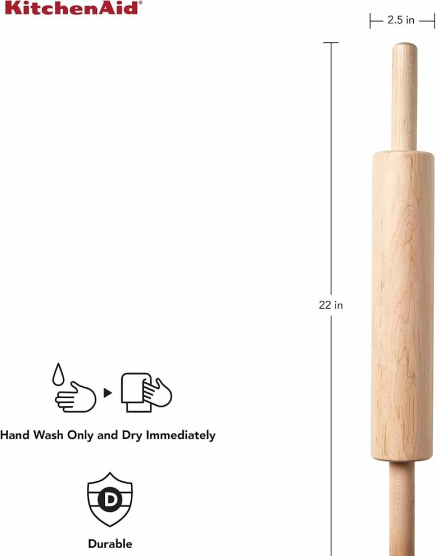 KitchenAid Stainless Steel Rolling Pin for Baking - 22 Inch Non-Slip Red Handle, Professional Pastry Dough Roller, Gourmet Kitchen Tools