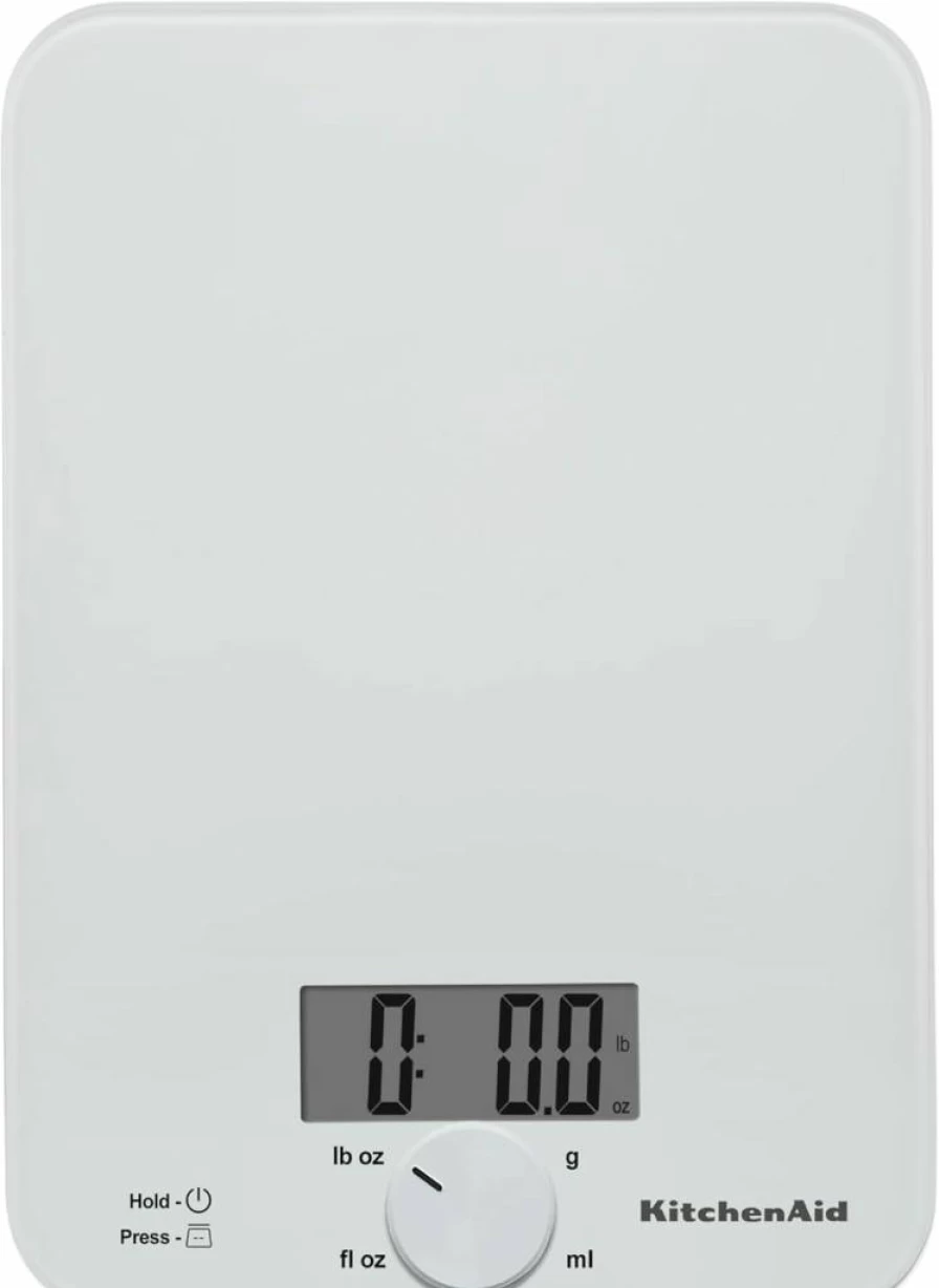 KitchenAid KQ914WH 11-Pound Digital Kitchen Scale for Precise Measuring in Grams and Ounces, Ideal for Dry and Liquid Ingredients, Sleek White Glass Surface Design