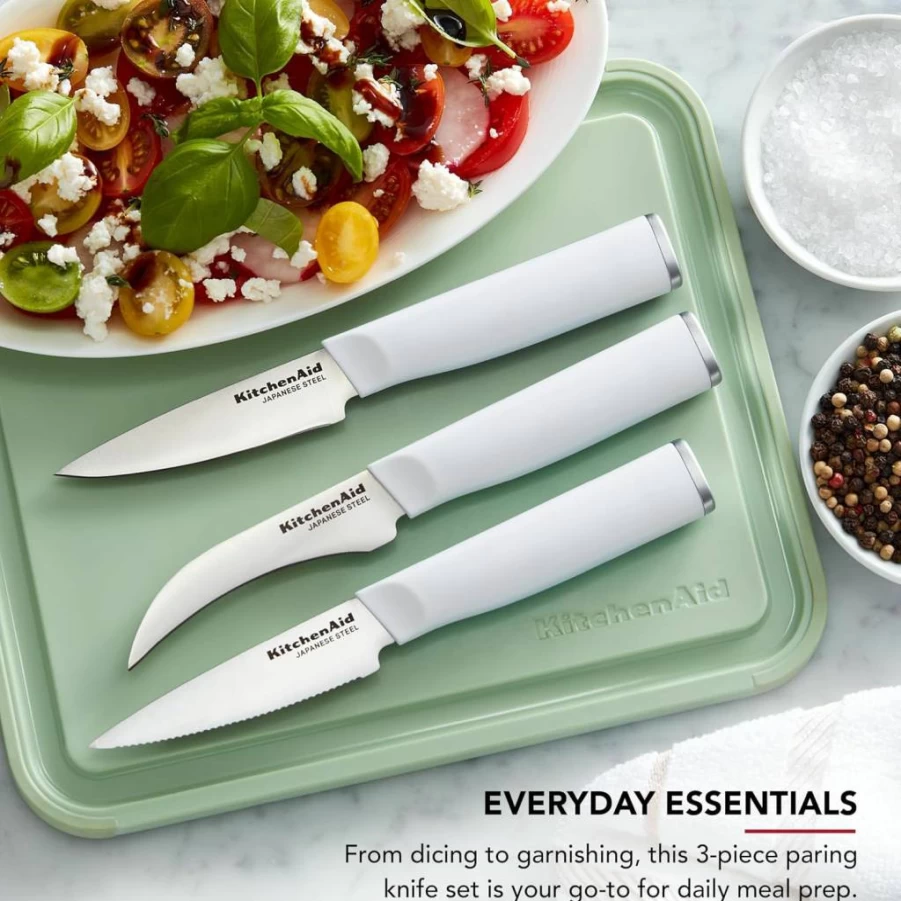 KitchenAid 3-Piece Paring Knife Set - High Carbon Stainless Steel, Razor-Sharp Blades, Ergonomic White Handles for Precision Cutting