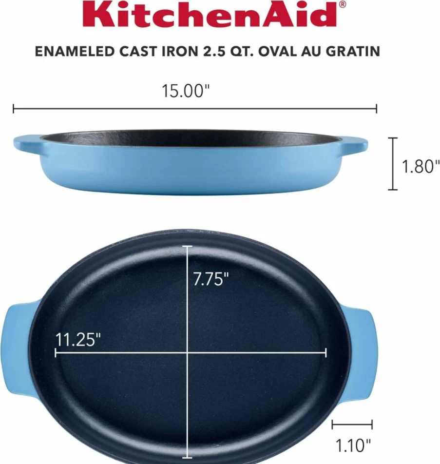 KitchenAid Blue Velvet Enameled Cast Iron 2.5 Quart Oval Au Gratin Baking Dish & Roasting Pan