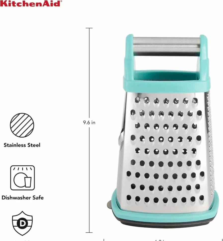 KitchenAid 4-Sided Stainless Steel Box Grater with Detachable 3-Cup Container - Fine, Medium, Coarse & Slicing - Dishwasher Safe, 10-Inch, Black