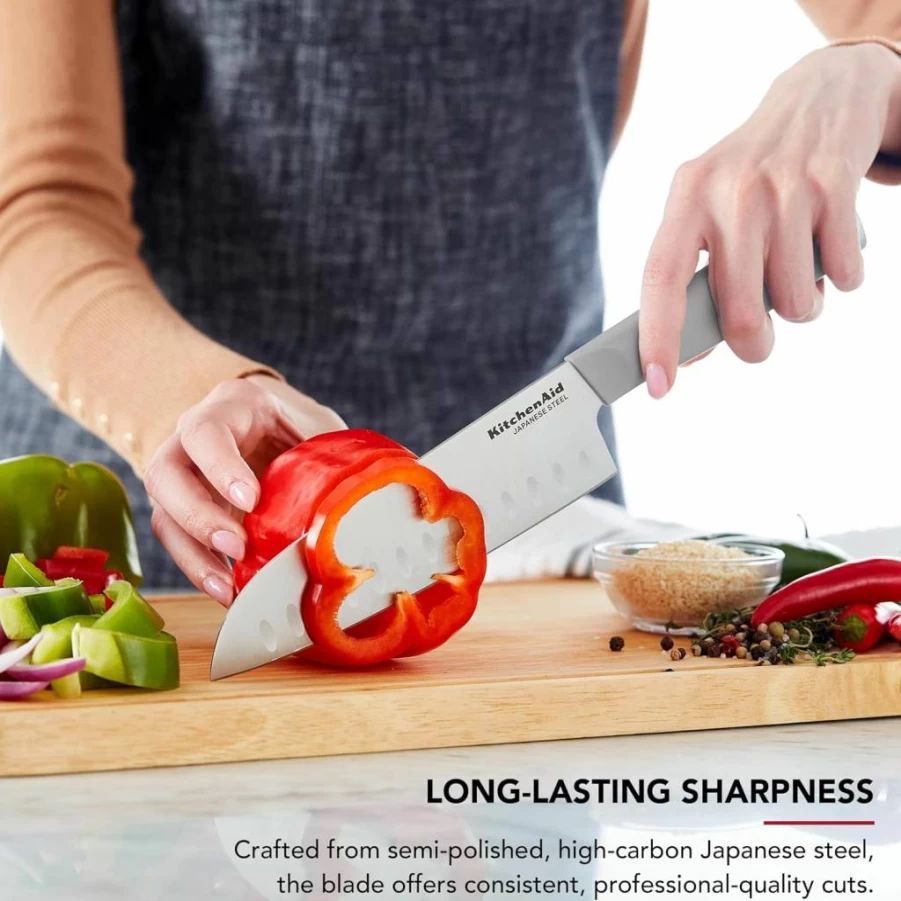 KitchenAid 8-Inch Japanese Stainless Steel Chef Knife with Blade Cover - High Carbon Sharp Kitchen Knife, Forged Brushed Steel Handle