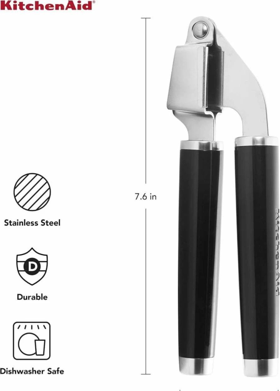 KitchenAid Classic Stainless Steel Garlic Press - Easy Squeeze Black Garlic Crusher with Ergonomic Handle for Effortless Peeling & Mincing