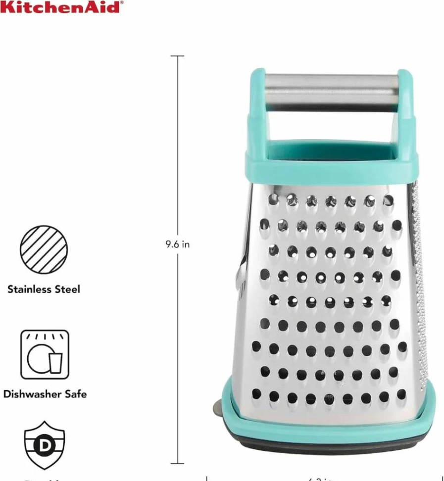KitchenAid 4-Sided Stainless Steel Box Grater with Detachable 3-Cup Container - Fine, Medium, Coarse & Slicing - Dishwasher Safe, 10-Inch, Aqua Blue