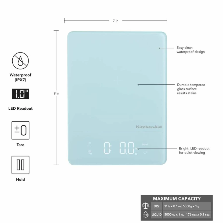 KitchenAid KQ913MW Digital Kitchen Scale with LED Display, 11 lbs Capacity, Waterproof IPX7, Precise Food Scale for Baking and Cooking